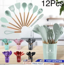 12Pcs Kitchen Silicone Utensils Set-Non Stick Cooking Utensils Wooden handle US