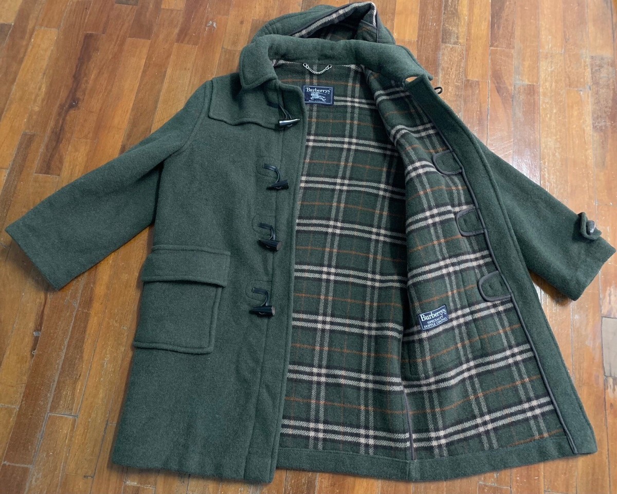 Tracking Burberry Green Duffle Wool Coat Removable Hood Nova Check