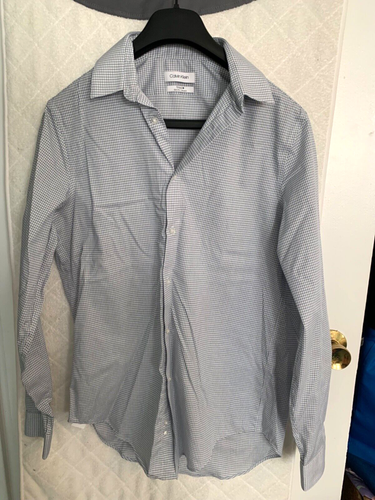 Calvin Klein Stel Slim Fit Stretch Blue/white plaid shirt M NWT