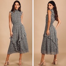 Lulus Evalina Black Floral Midi Dress Sz S Mock Neck Smocked Fairy Whimsy Goth