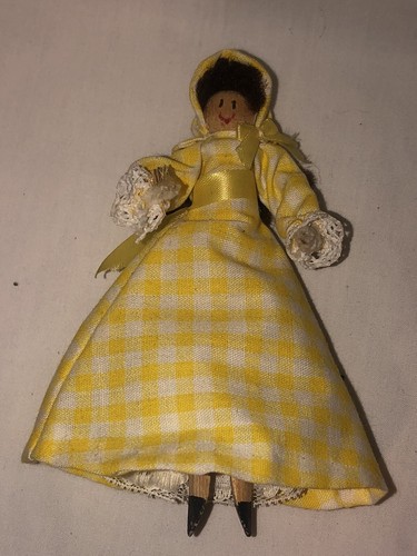 Vintage 1980s Handmade Clothes Pins Doll With Yellow Checker Dress - Picture 2 of 12