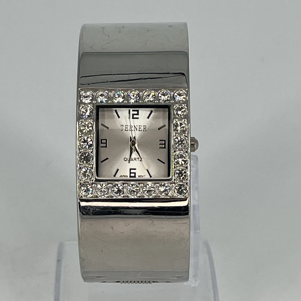 Relógio feminino TERNER pulseira punho tom prata strass acento NOVA BATERIA FUNCIONA! - Imagem 2 de 4