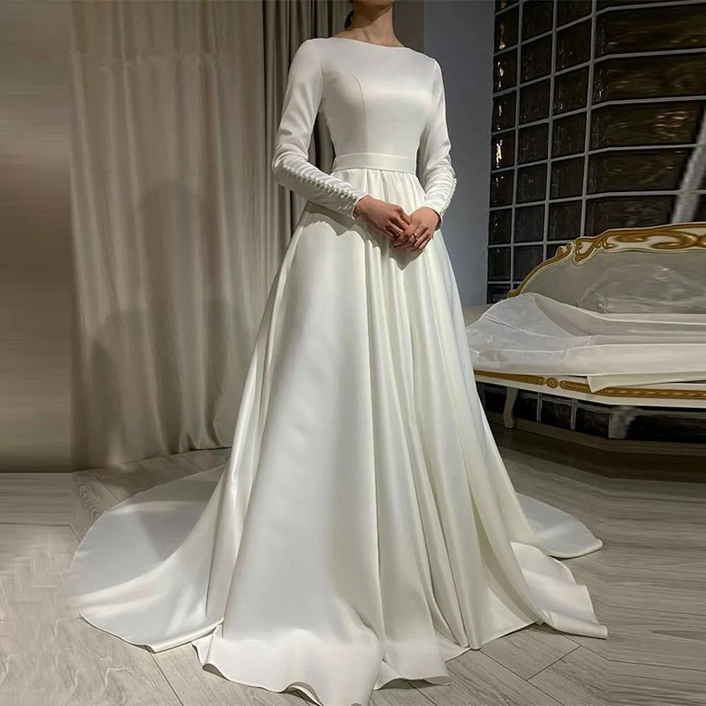Elegant Wedding Dresses Muslim Long Sleeves Satin A Line Bridal Gown White Ivory
