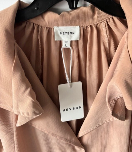 NWT HeySon Balloon Short Sleeve Collared Button VNeck Ruffle Blush Pink Blouse L - Picture 4 of 7