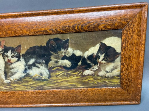 Bessie Bamber- Antique Oil w/Tiger Oak Frame,11 Kittens Portrait Study Cats - Picture 2 of 13