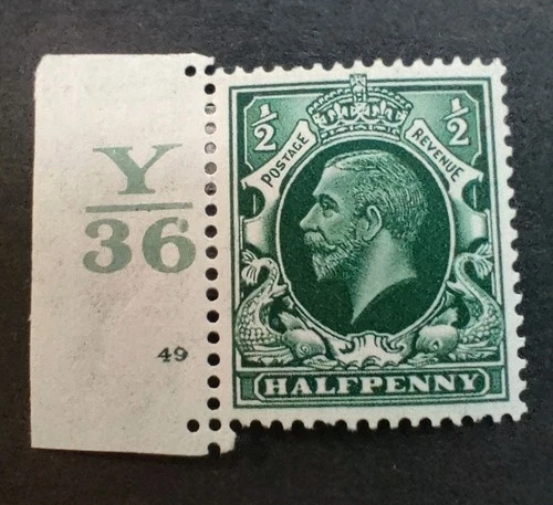 GB KGV 1934-36 1/2d Green. SG439. Control Y36 Cylinder 49 no dot. Mounted Mint.