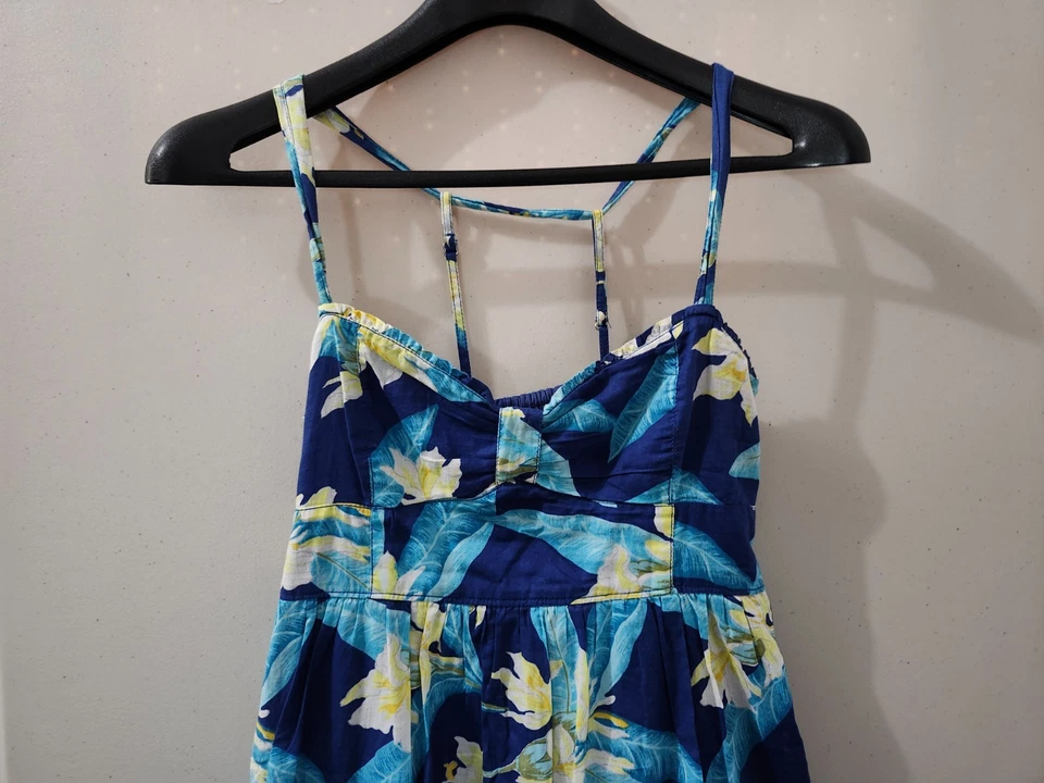 Hollister Dress Womens M Blue Cami Tank Strap Mini Floral Hawaiian Lined Woven - Image 3 of 4