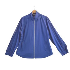 Chico's Lighweight Jacket Size 2 L Royal Blue Eyelet Sleeve Mock Neck Full Zip