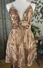Windsor Beige Rose Gold Mesh Sequin Beaded V-Neck Fit & Flare Mini Dress L