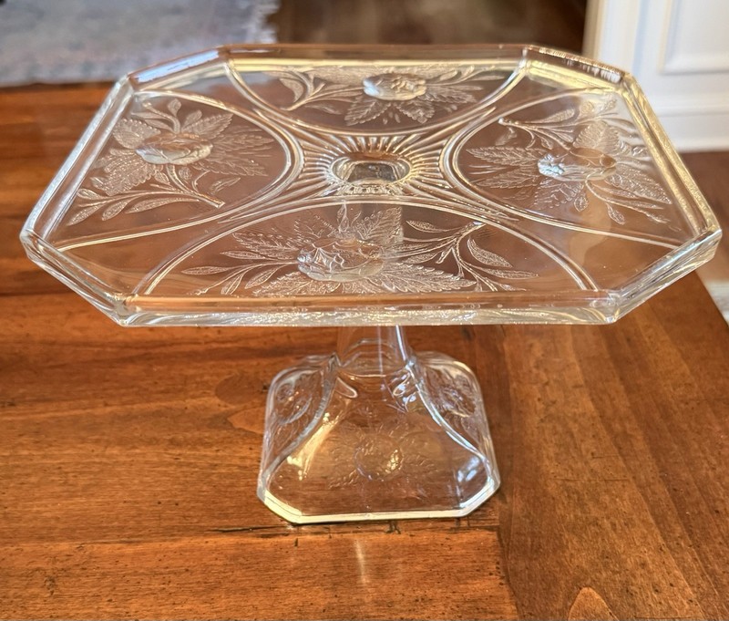 Antique Clear Glass Cake Stand Square Plate Campbell Jones  Rose Sprig 1886