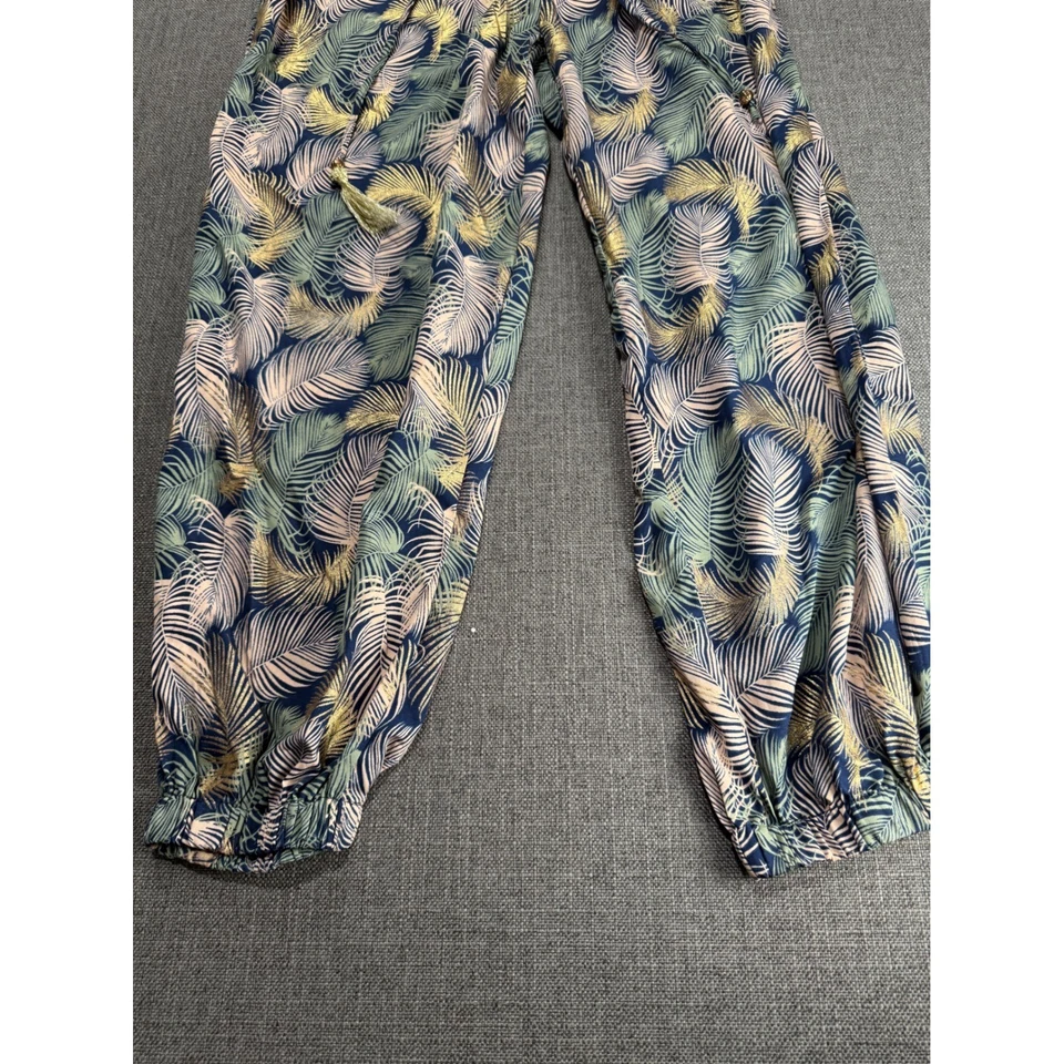 Womens Tropical Leaf Print Strapless Jumpsuit Boho Wide Leg Pants Tassel - Image 3 of 4