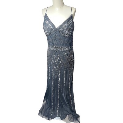 Marina Women Beaded Sequin Art Deco Gown Gray V-Neck Formal Dress Size 16