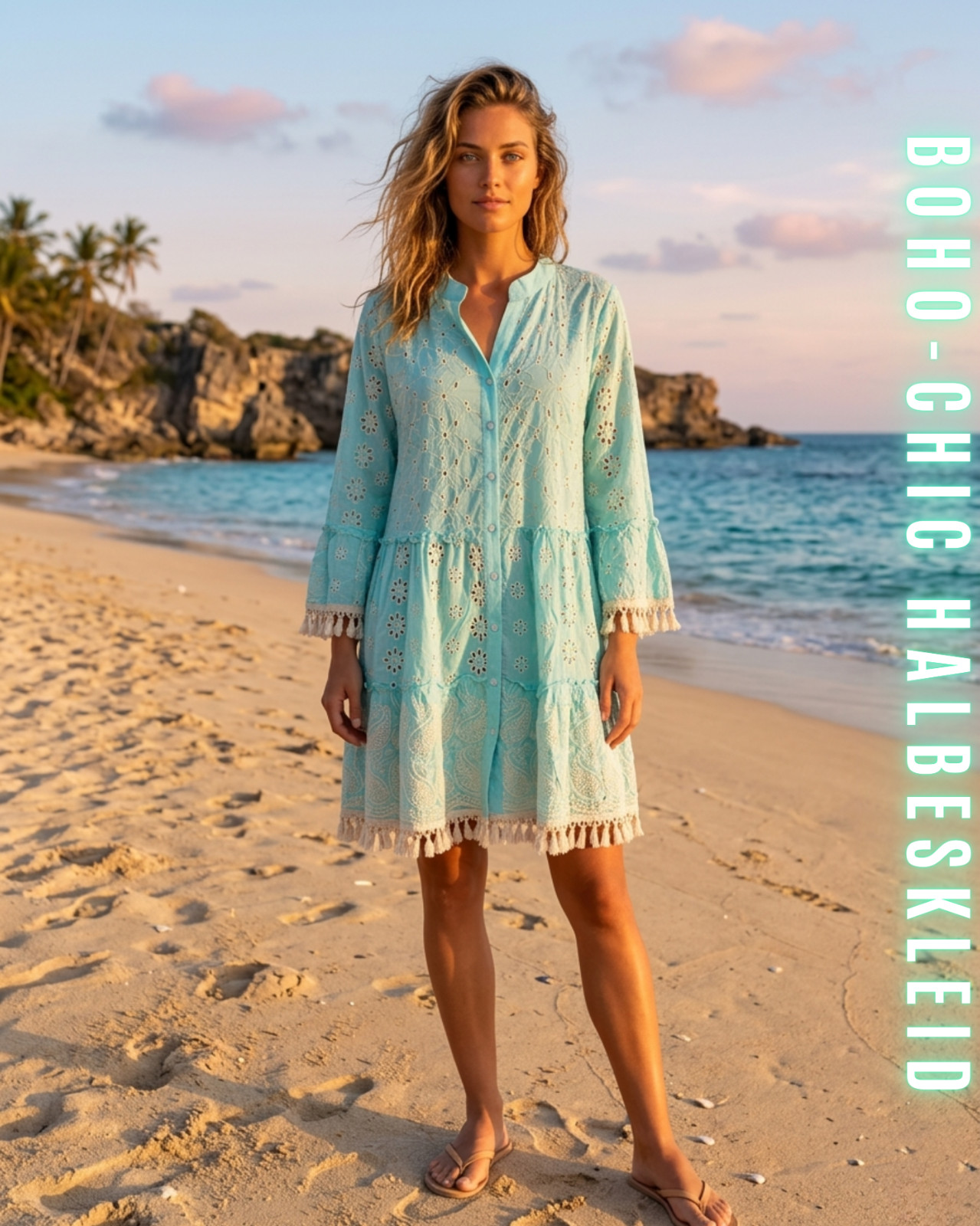 Minivestido boho de mujer túnica de algodón vestido de verano bordado hippie chic ELEXUA