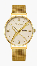 K. Marie Quartz Analog Day/Date Wristwatch Gold Tone Mesh Band White Dial 40mm