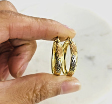 3 Tone 14K Solid Gold Diamond Cut Hoop Earrings 3.9mm x 22mm - EGE1