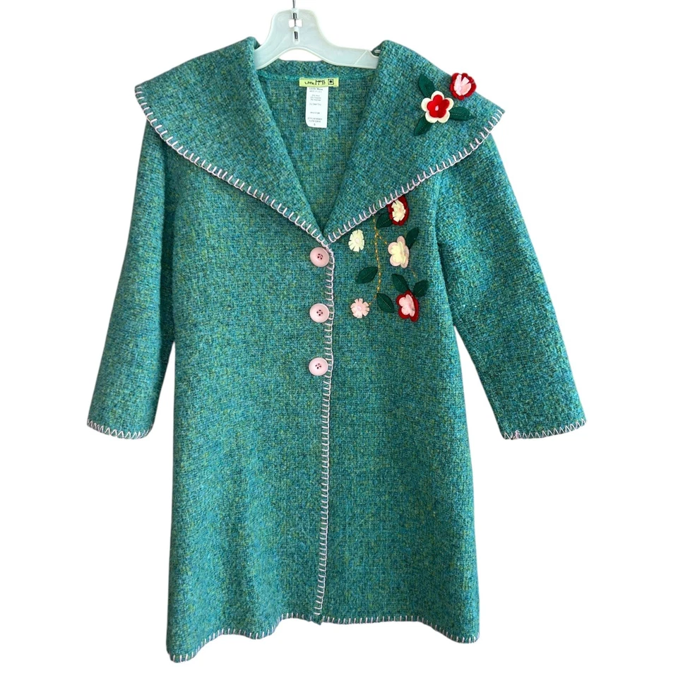 Little Mass Girls Green Floral Felt Applique Tweed Coat Size 6 - Image 2 of 4