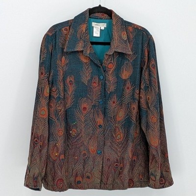 Coldwater Creek $198 1X Teal 100% Wool Peacock Feather Beaded Tapestry Jacket