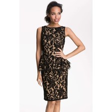 Tadashi Shoji Black Nude Lace Cocktail Hour Evening Peplum Mini Dress Size 8