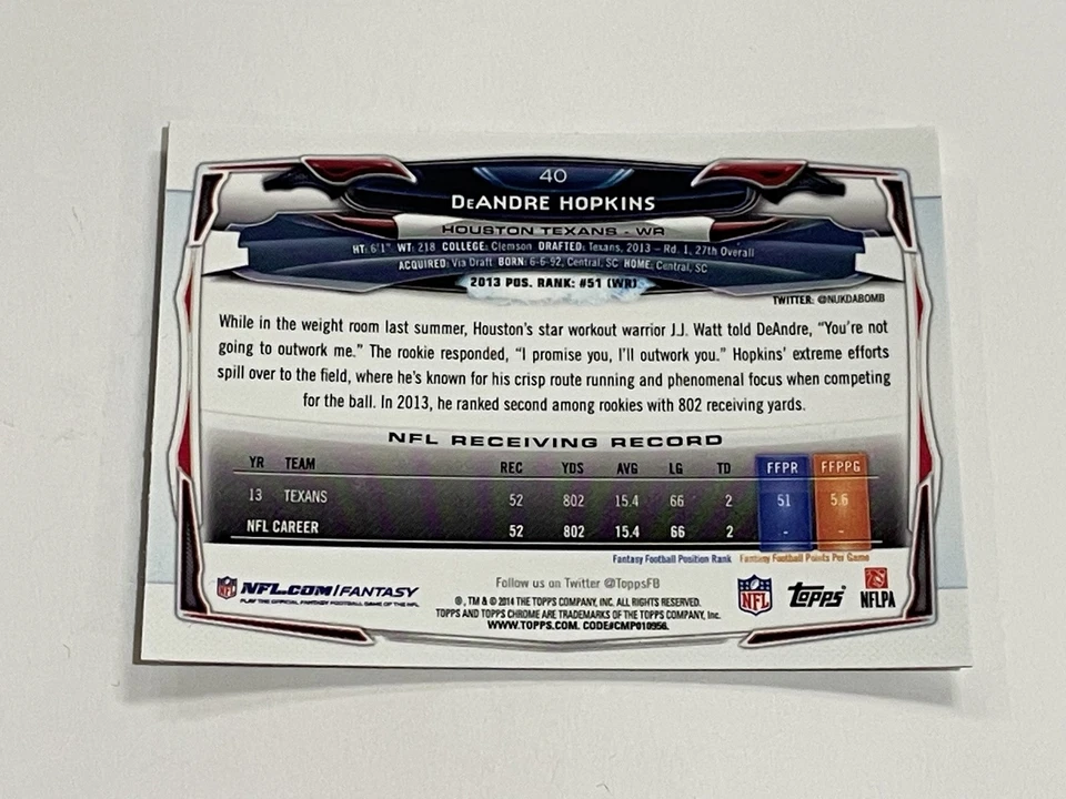 2014 Topps Chrome Mini Football #40 - DeAndre Hopkins - Houston Texans - Image 2 of 2