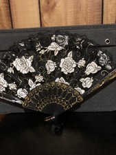 ASIAN HAND HELD FANS IN BLACK AND SILVER FLOWERS