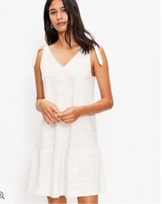 LOFT Womens Bow Strap Button Flounce Dress Ivory  Color Stripe $69 NWOT Med