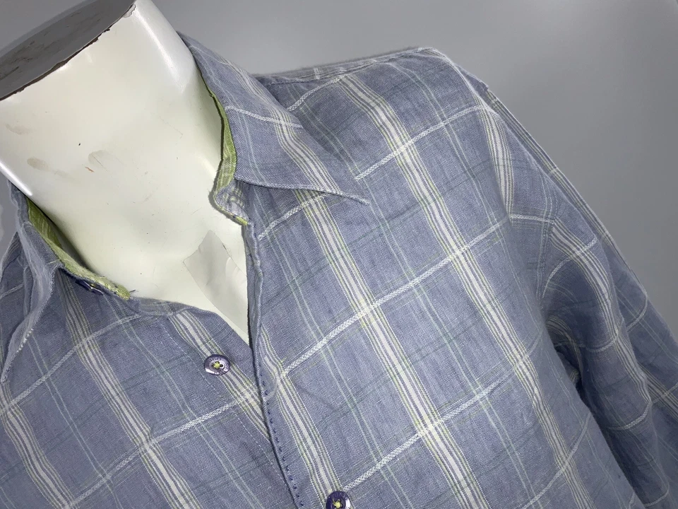 Camisa Indigo Palms Puño Abatible M Azul Cuadros 100% Lino Verde Puño YGI J2-177 Foto 3 de 4