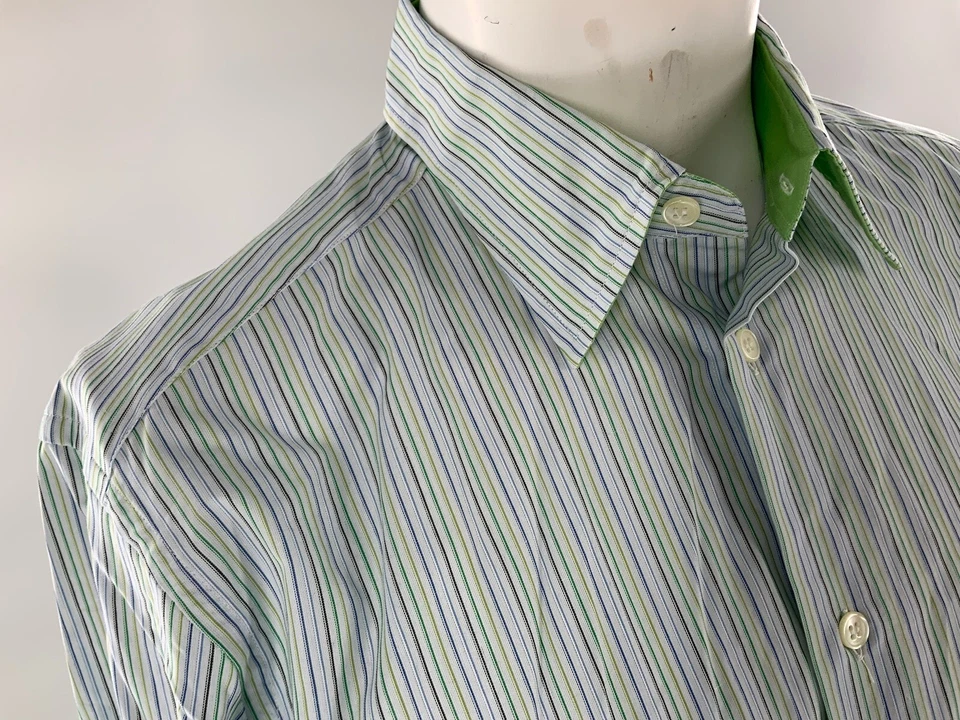 Camisa con botones Ghirardelli M blanca verde azul a rayas puño abatible Italia YGI B2-333 Foto 3 de 4