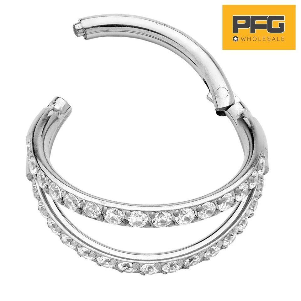 G23 Titanium Double Hoop Gem Hinged Segment Septum Nose Ring Sleeper Earrings - image 2 of 4