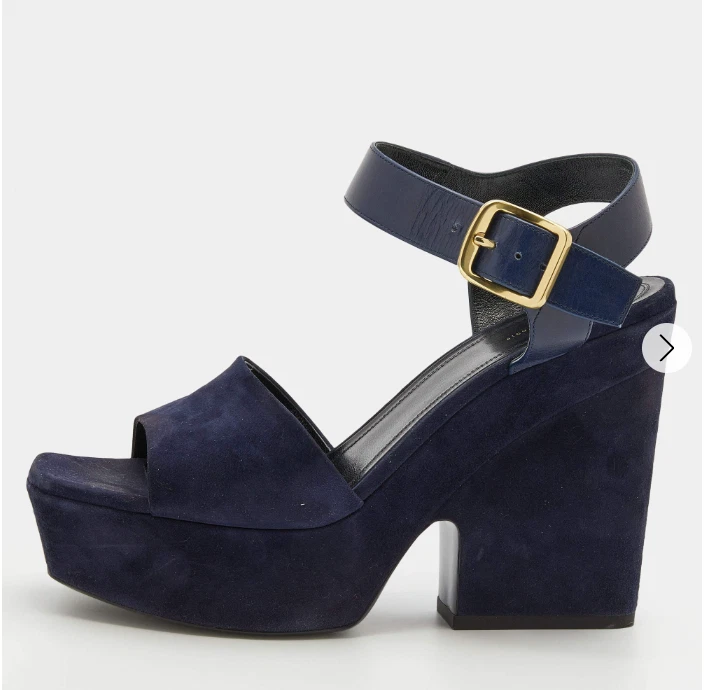 Sandali donna Celine blu navy scamosciati plateau tacco a blocco cinturino alla caviglia taglia 37