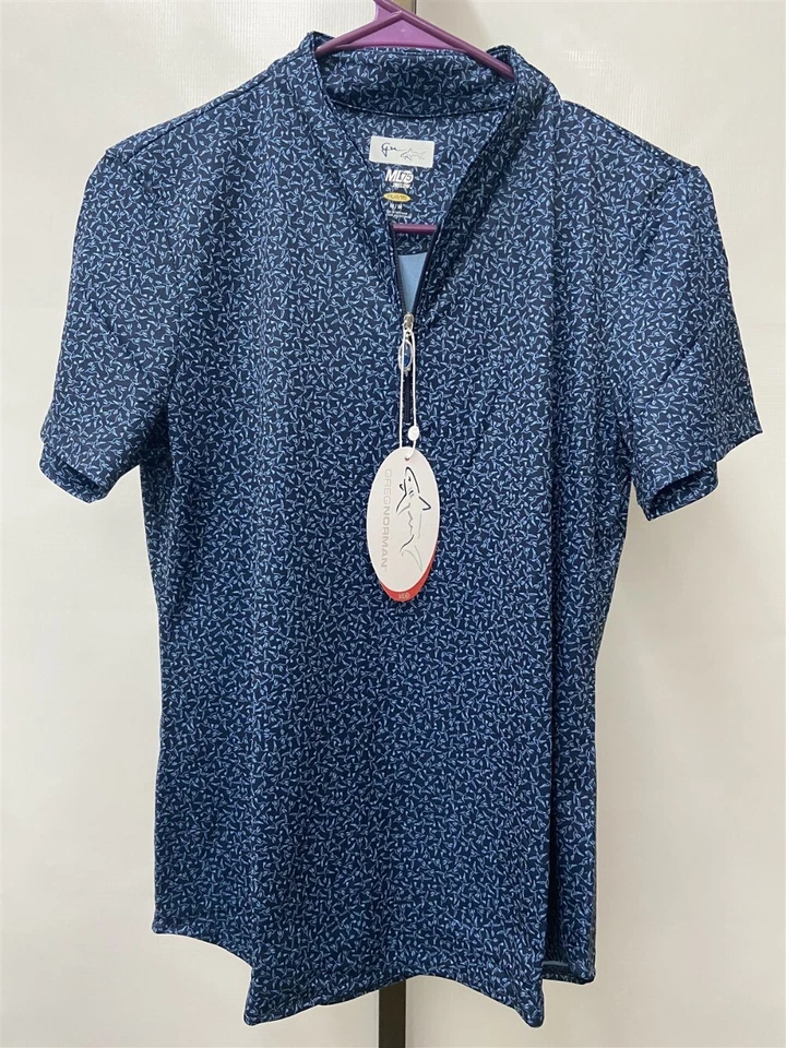 Greg Norman Navy Hummingbird Printed Tulip Short Sleeve Golf Polo Choose Size