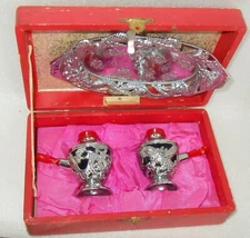 Vtg Japan Silvertone Dragon Cobalt Blue Glass Salt Pepper Shaker w/Tray Box- DEZ