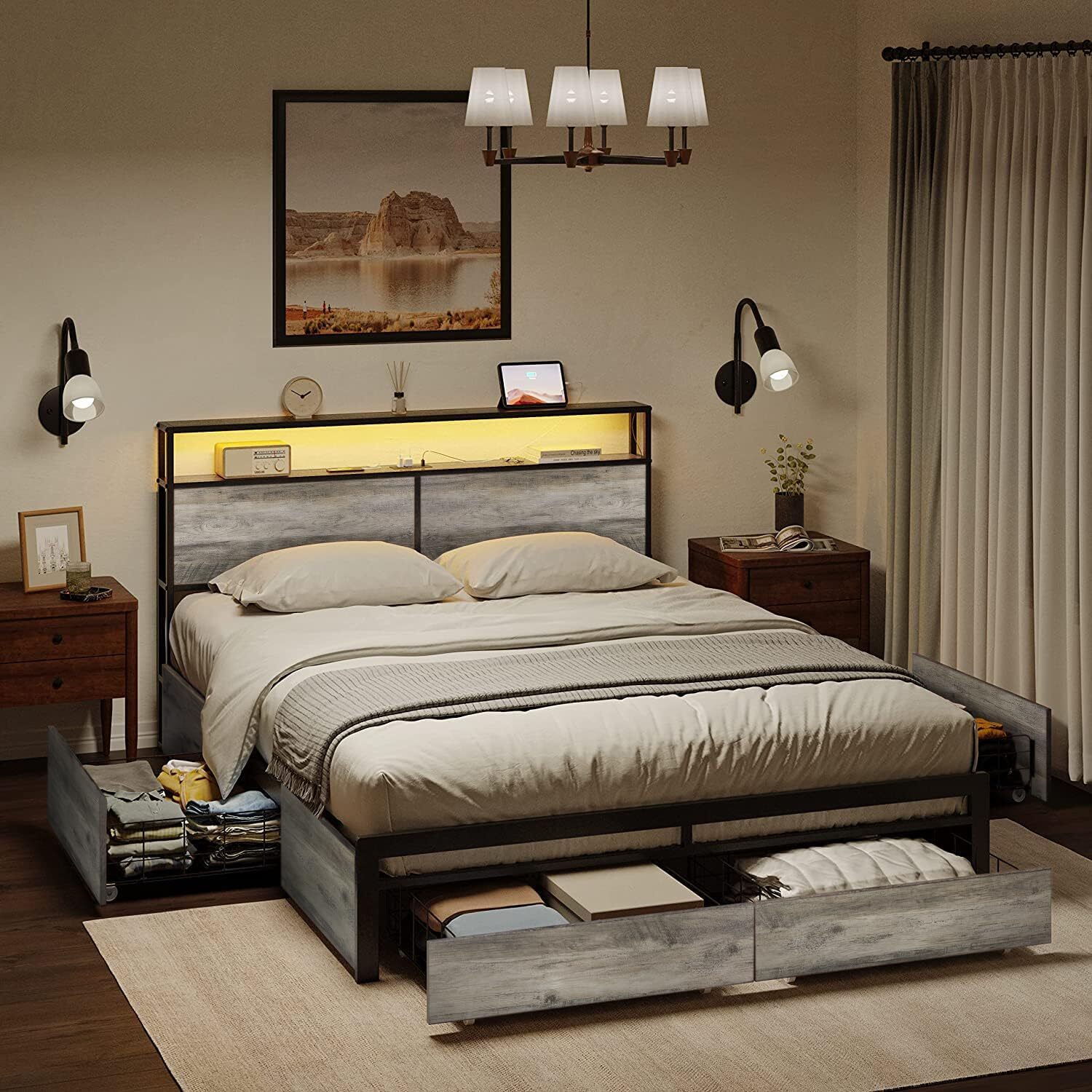 Full LED Bed Frame with Headboard & 4 Storage Drawers Platform Bed-image