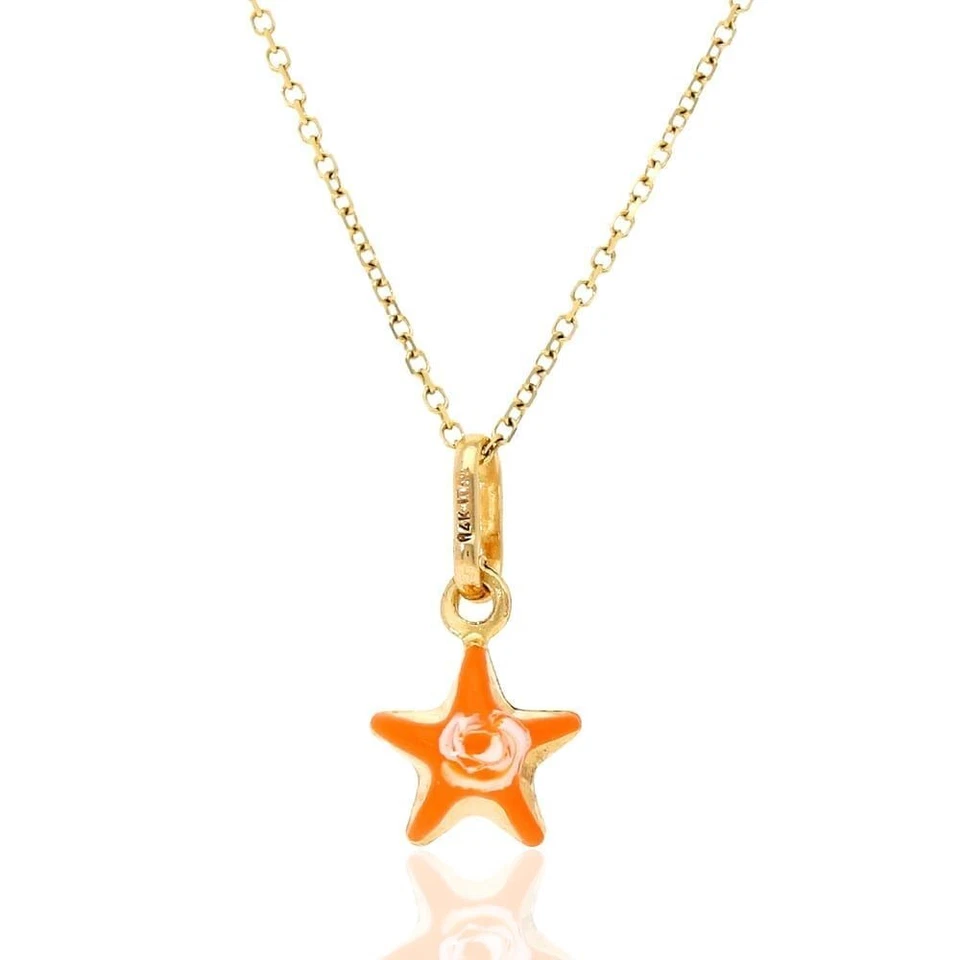 Colgante Estrella Esmalte Naranja Oro 14K Niños/con Cable Cadena Collar 18" Foto 2 de 4