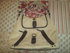 MUSTO Beige Canvas Hobo Shoulder Bag. Brown leather + Metal clip/ring closure