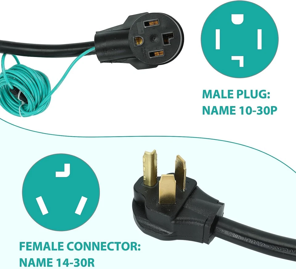 30A w/Green Ground 12" Safety Dryer Plug Adapter Cord Wire NEMA 10-30P to 14-30R - Image 3 of 4