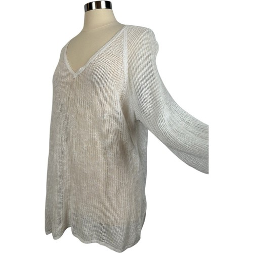 Maglione bianco EILEEN FISHER donna taglia XL scollo V cotone biologico lino tessuto aperto - Foto 14 di 18