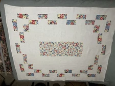 Vintage Linen Tablecloth 52" by 65" no spots white W/ Blue Yellow Red Flowers