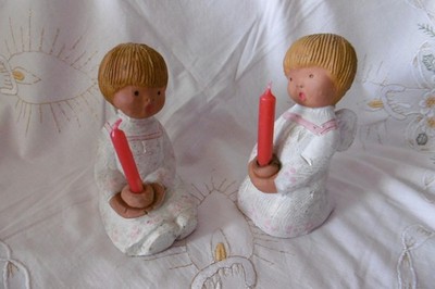 Set original Singer Engel Jullar Kerzenhalter weiß mit rosa Rand + Punkten