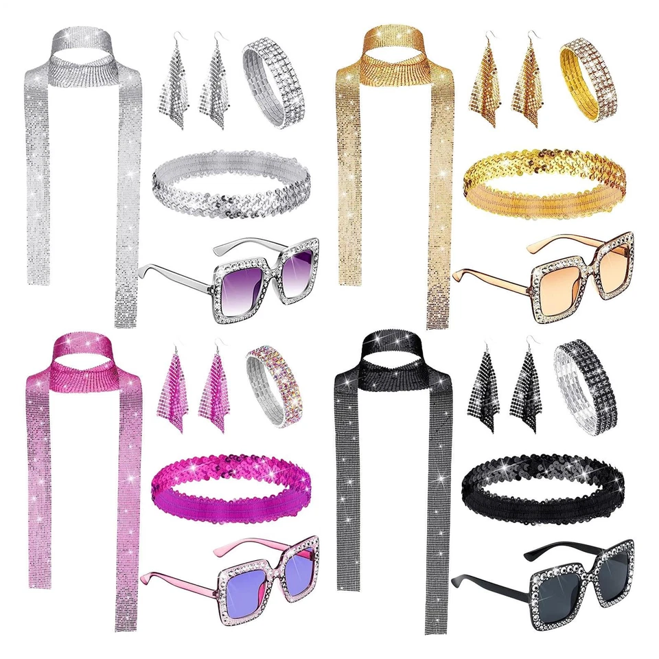 Accesorios de disfraces para mujer años 70 bufanda gafas conjunto de discoteca retro niñas trajes de fiesta Foto 2 de 4