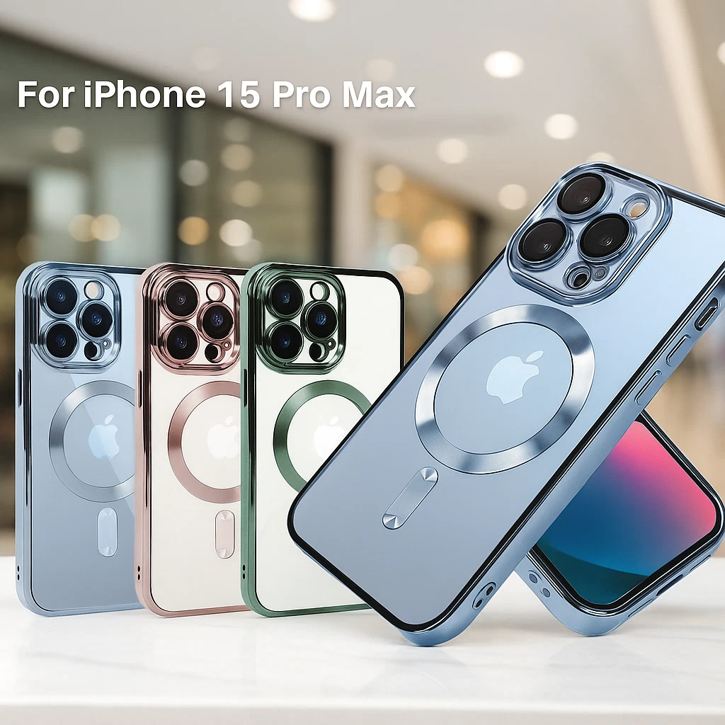 Farbauswahl der MagSafe-Hülle – Blau, Roségold, Grün, Silber für iPhone 15 Pro Max