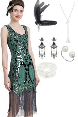 Fundaisey Peacock-Inspired 1920s Green Gatsby Beaded Flapper Dress Small