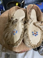 Vintage Handmade Suede Baby Moccasins w/ Beads Box