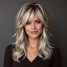 Ash Blonde Highlight Wavy Wigs with Bangs Lace Front Real Human Hair Wigs 16in