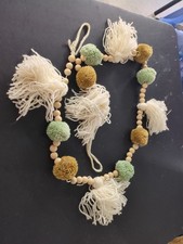 6 Ft Boho Wood Bead Garland Tassels Sage Green Pom Poms Farmhouse Decor
