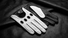 Men  s Driving Gloves   Black  White Deerskin Leather, Handmade