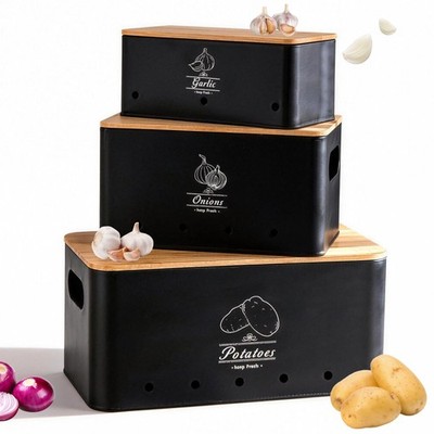 Potato Onion and Garlic Storage Bin Set of 3, Black Metal Kitchen Vegetable C...