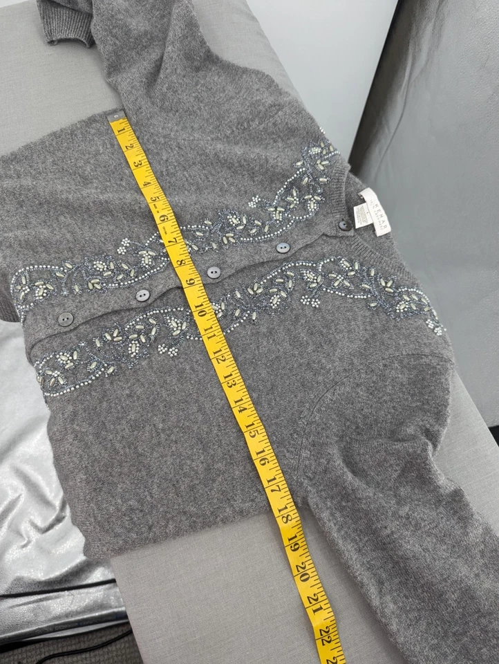 Cárdigan suéter Kenar cachemir manga 3/4 gris con cuentas 100 % cachemir grande Foto 4 de 4