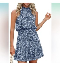 Amazon Navy Blue floral high neck strapless dress boho S