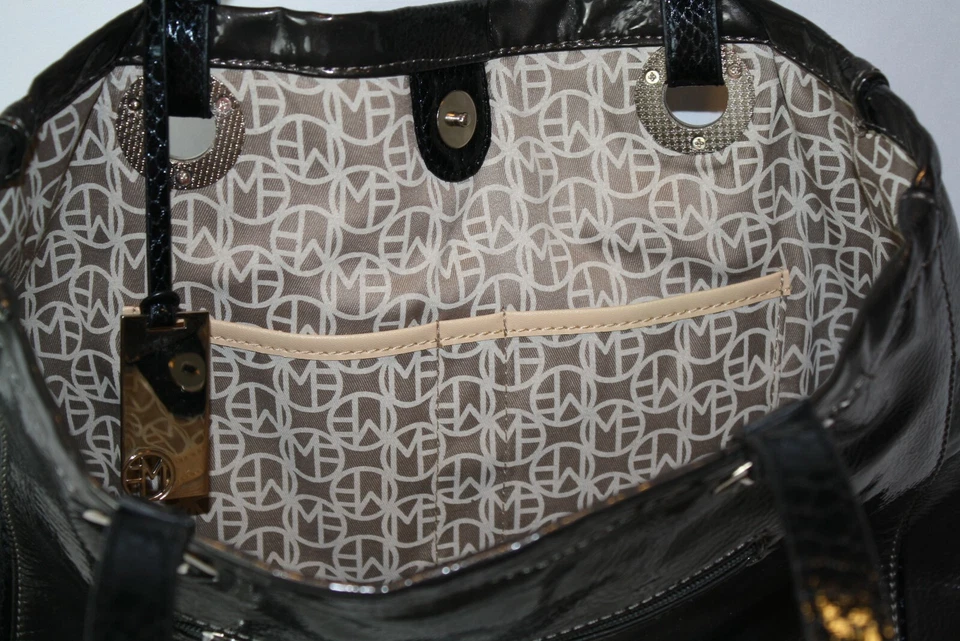 Marc Fisher Large Steel Gray Shiny Patent Tote Bag Purse Silve Snakeskin Accents - Image 3 of 4