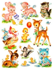 Vintage Image Shabby Nursery Baby Animal Assortment Waterslide Decals AN678
